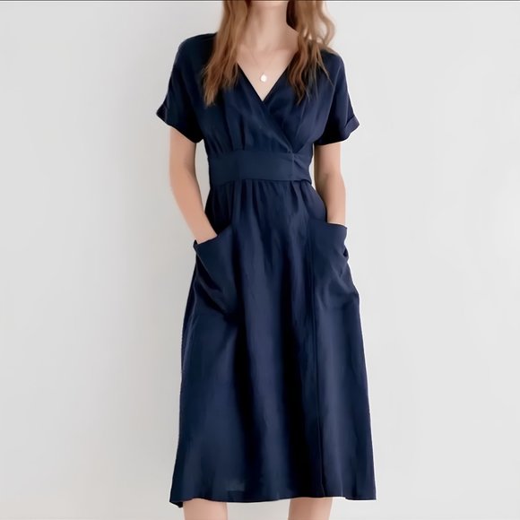 NWT Grae Cove Frankie Linen Wrap Midi Dress with Pockets in Navy - Picture 1 of 3